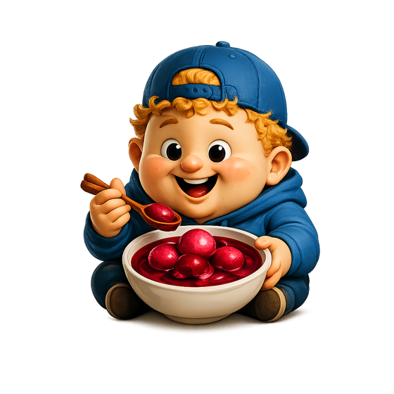 Little Eli in a blue cap, smiling over his bowl