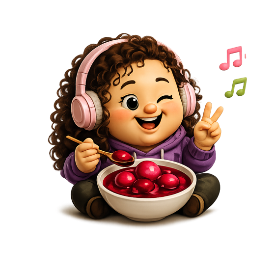 Nina with pink headphones, winking