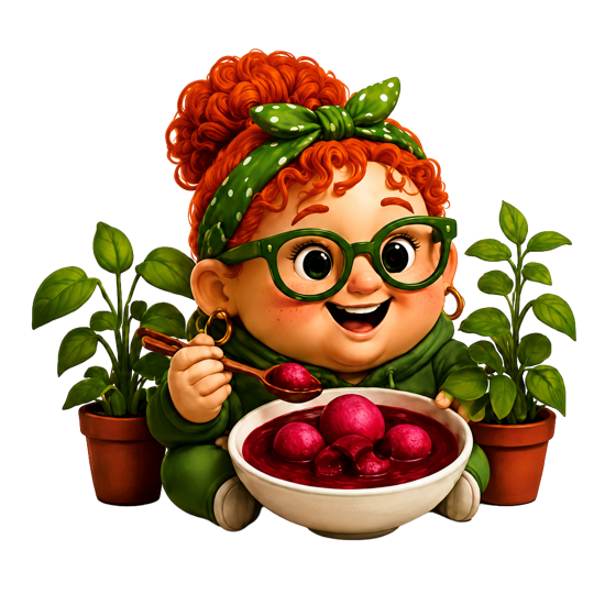 Plant Mom with red curls, green glasses and potted plants