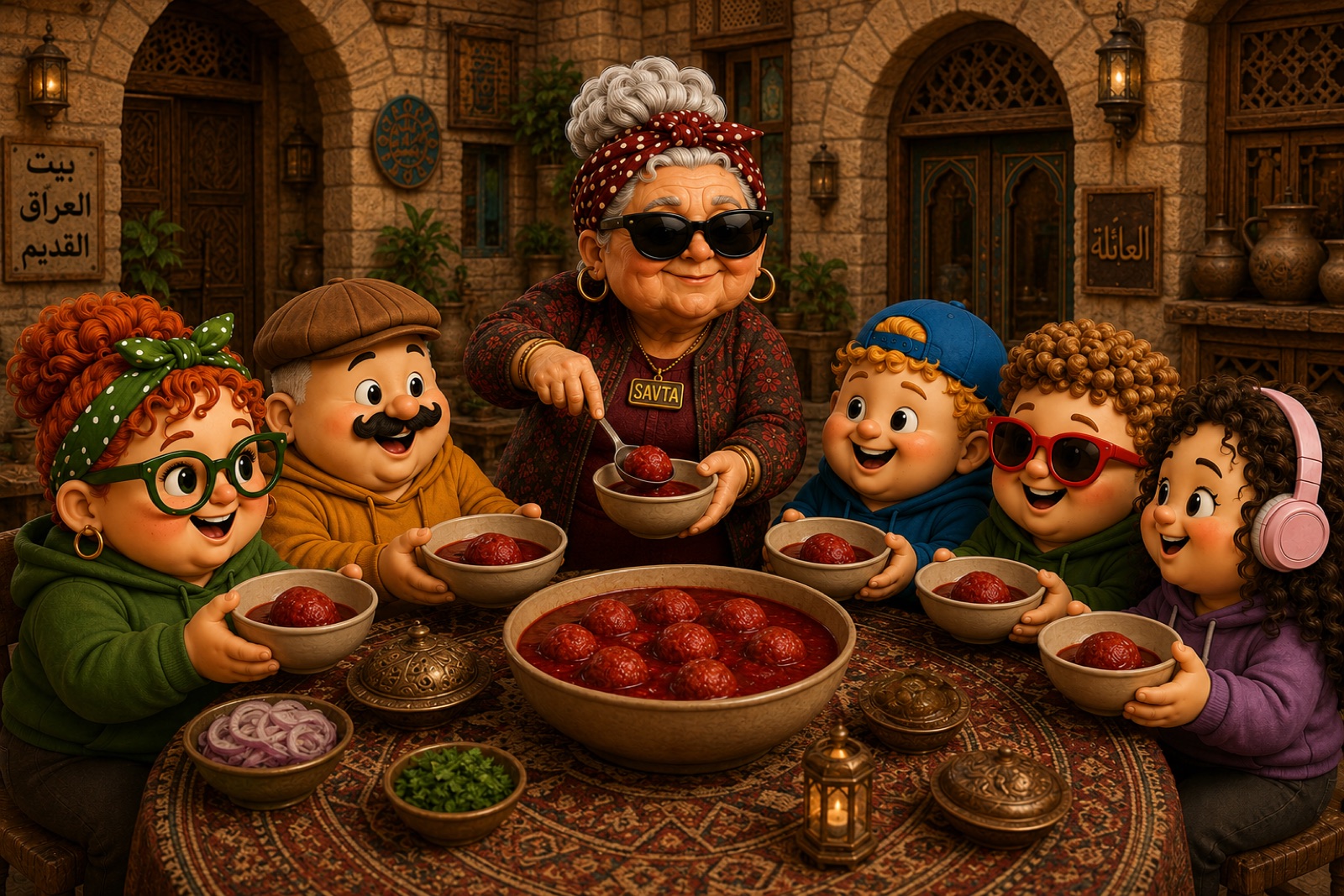 Savta serving kubbeh from a big pot to the whole family around a table in an old Jerusalem-style courtyard