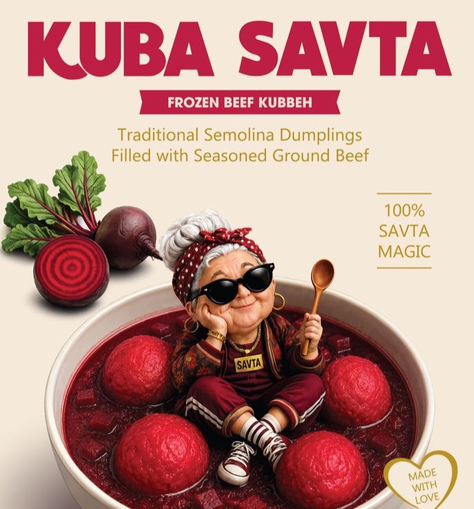 Kuba Savta Frozen Beef Kubbeh pack: Savta in a bowl of beet soup
