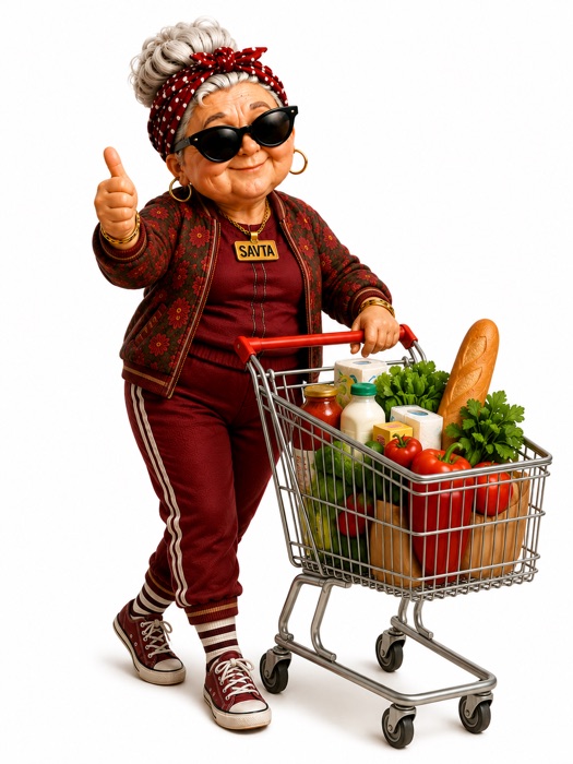 Savta pushing a full shopping cart and giving a thumbs up