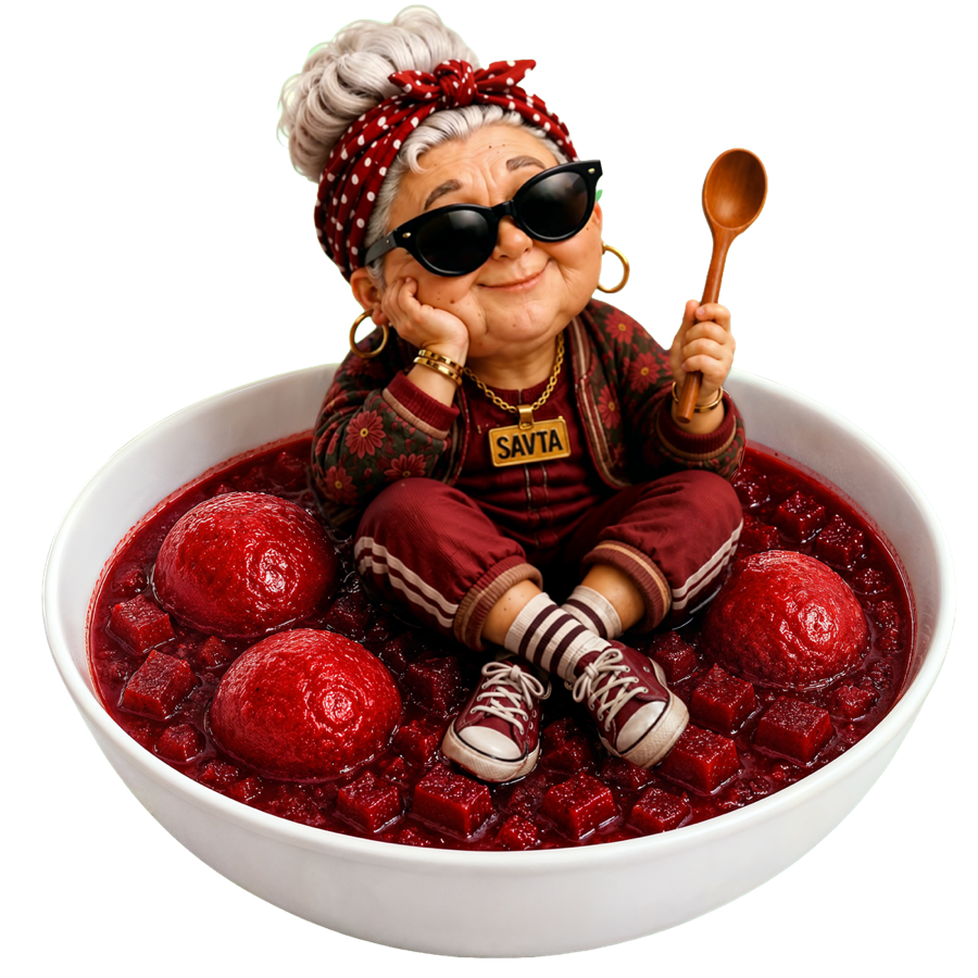 Savta in sunglasses and a red polka-dot bandana, relaxing in a bowl of beet soup with kubbeh, holding a wooden spoon